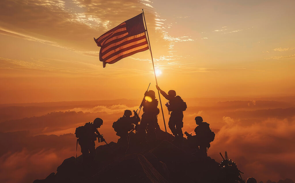 Achiece Mission Success - Military Personnel Raising a Flag at Sunrise on a Hilltop Symbolizing Duty and Honor